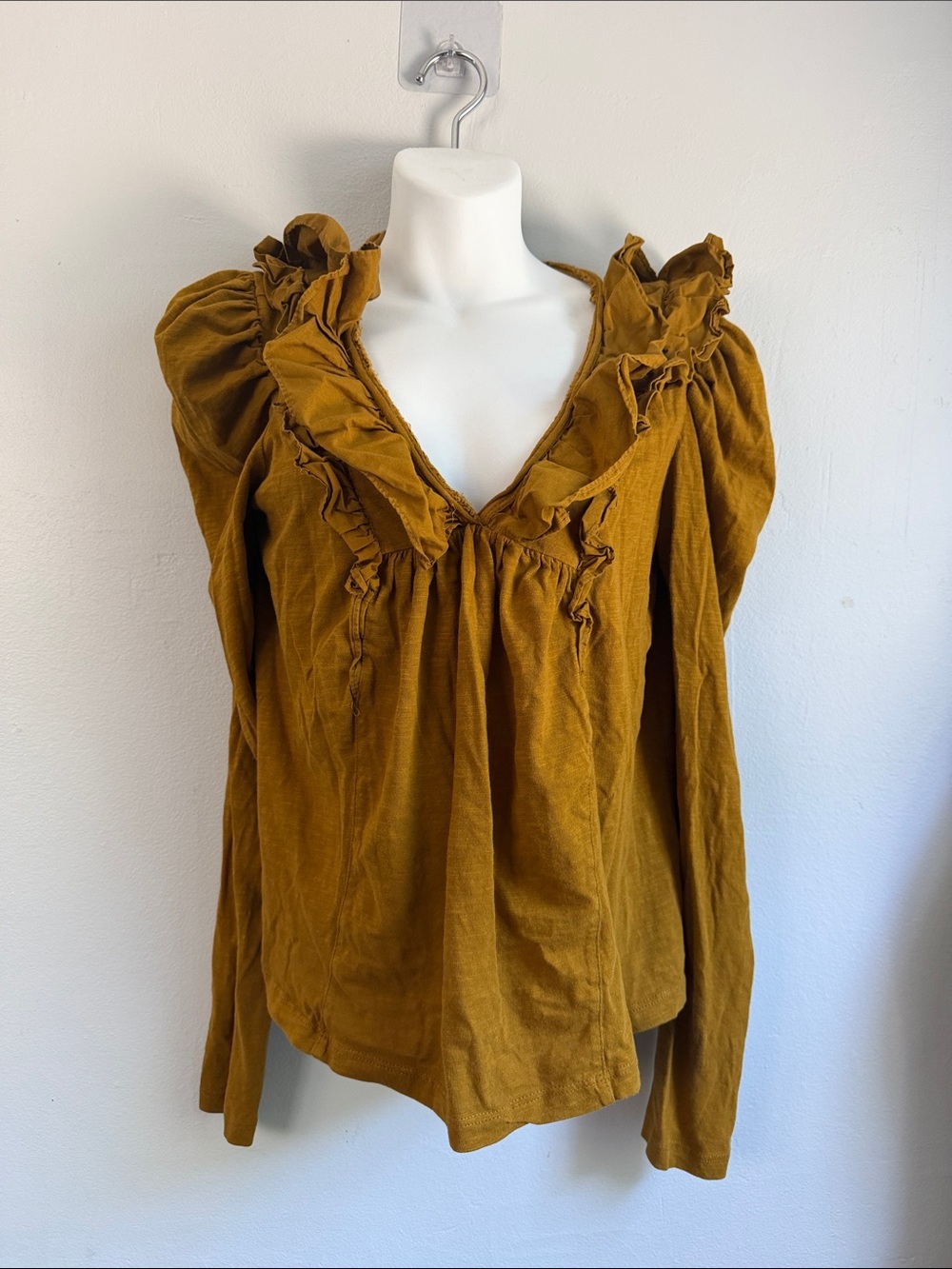 Anthropologie Ruffled V-Neck Top Long Sleeve Cotton Pullover Blouse Brown - Picture 4 of 8